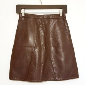 Zara Brown Leather A Line Distressed Skirt
